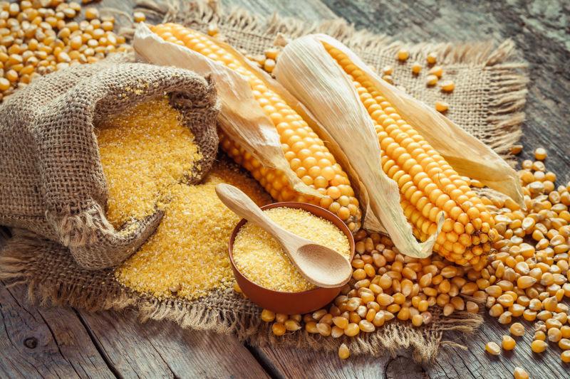 桌子上的玉米和玉米种子还有玉米分