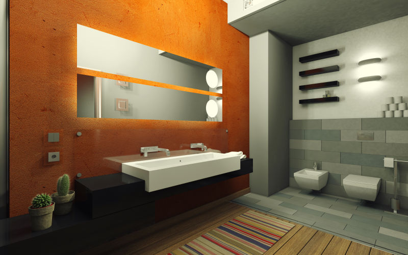 橙色墙壁灰色瓷砖的浴室设计