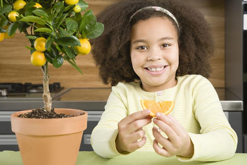 种着橘子的花盆边有个小女孩在吃橙子