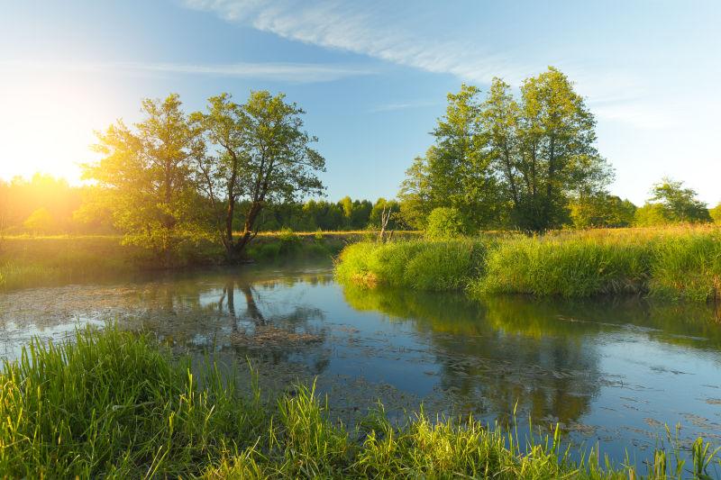 蓝天下美丽的湖边风景
