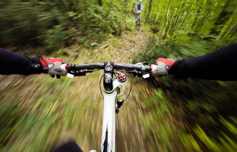 一对骑自行车的人在森林中山地自行车赛