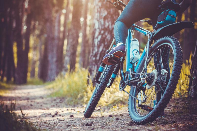 日落时骑自行车的低角度视角