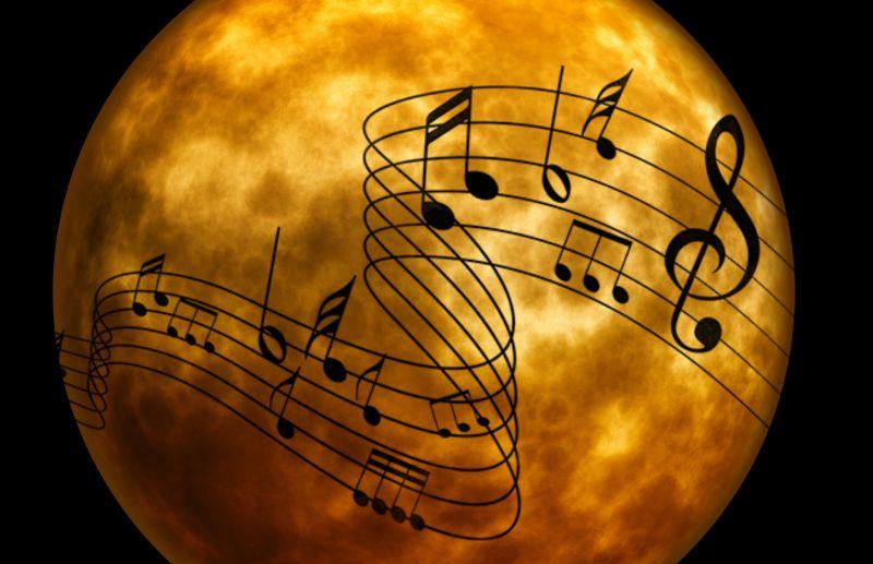 黑色背景中的金色球体乐谱