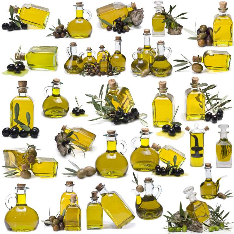 白色背景中的多种橄榄油