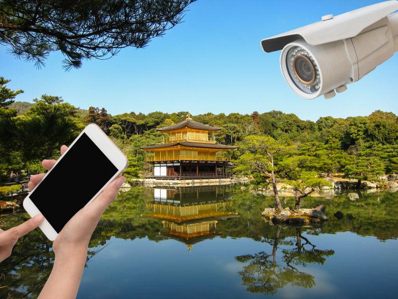 山水风景背景上的摄像头和手机