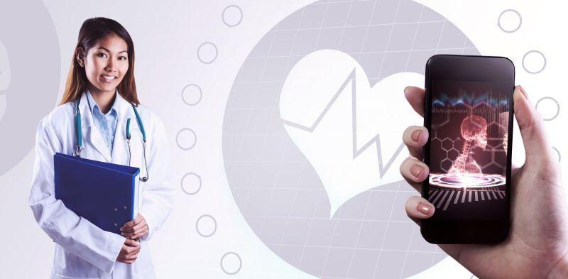 年轻的女医生哈拿着智能手机的手