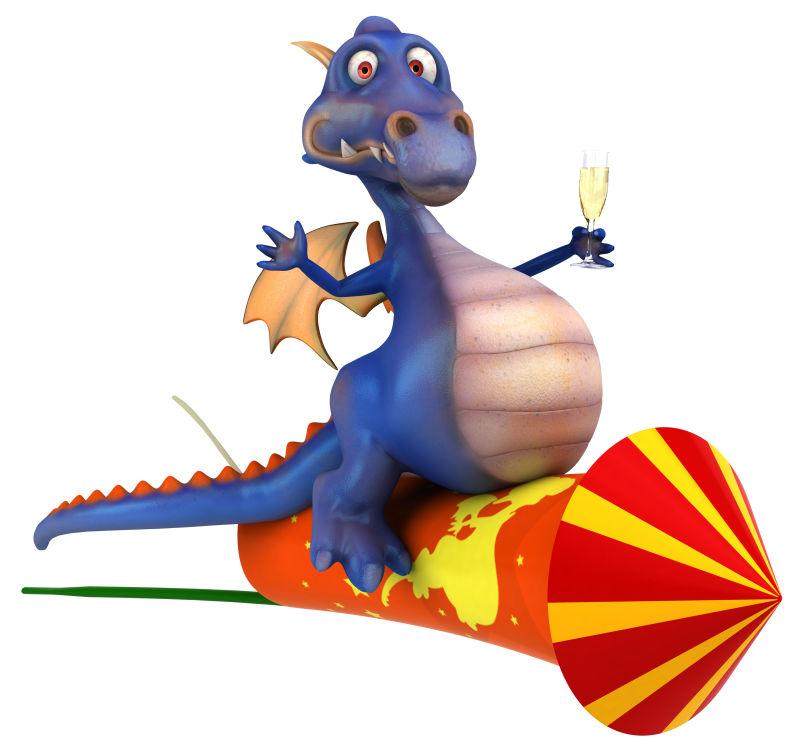 卡通小龙坐在火箭烟花上