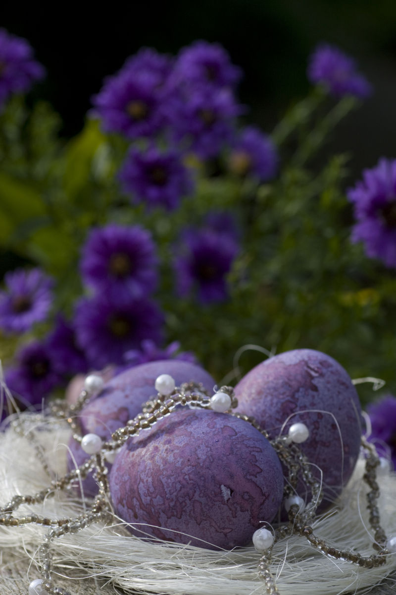 紫色的复活节彩蛋和珍珠装饰