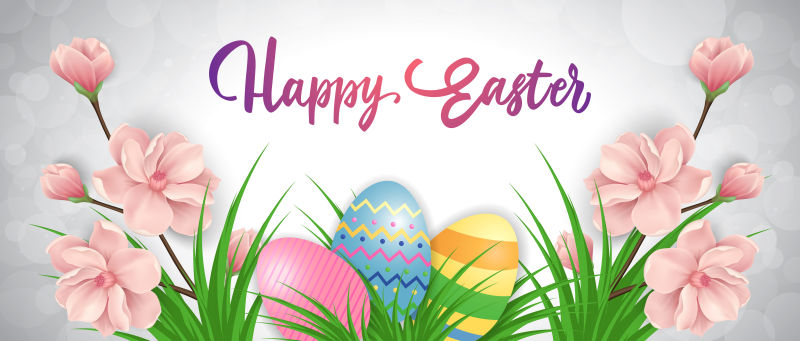 白色背景中的鲜花彩蛋组成的复活节卡片