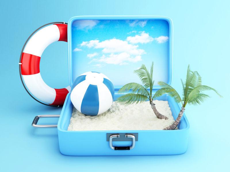 天堂海滩旅行的蓝色箱包