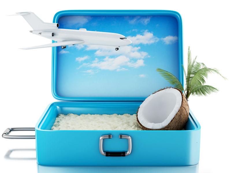 孤立白背景中的3D天堂海滩旅行手提箱