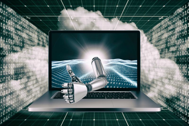 笔记本显示屏中出现一只机器人手臂