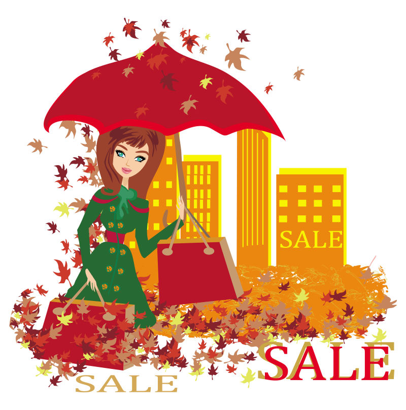 秋季购物回家的撑伞女人