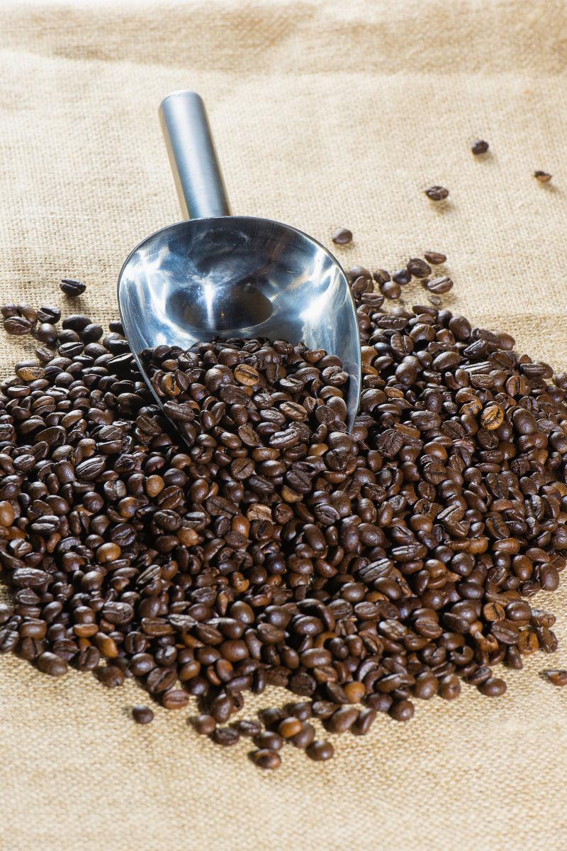 咖啡豆上的不锈钢铲勺
