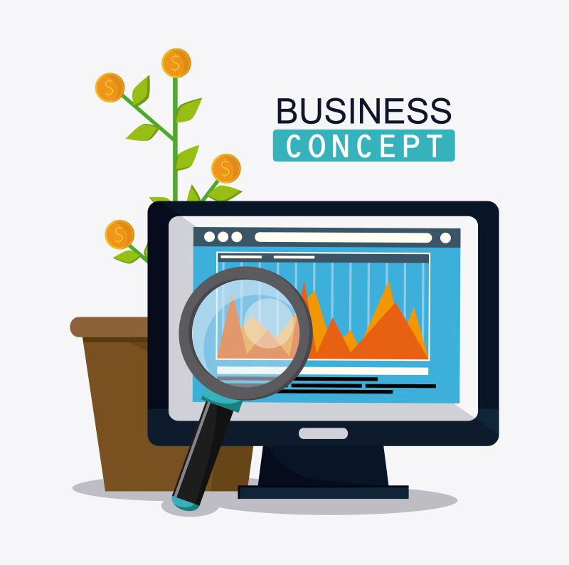 放大镜和电脑矢量商业插图