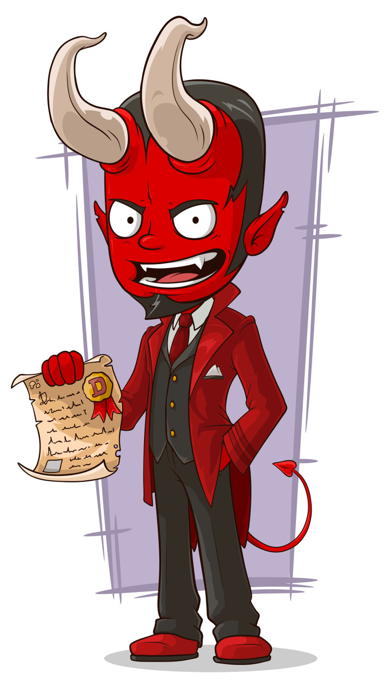 拿着契约的卡通恶魔矢量插图