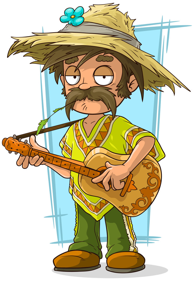 拿吉他的卡通农民矢量插图