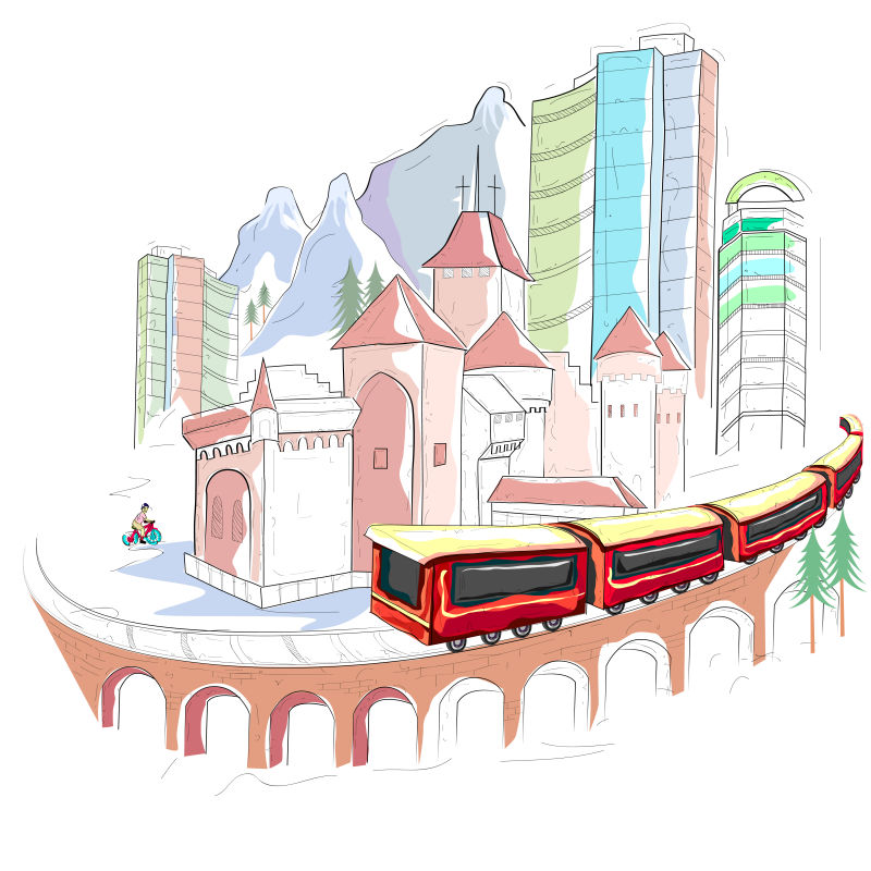 矢量手绘瑞士城市景观插图
