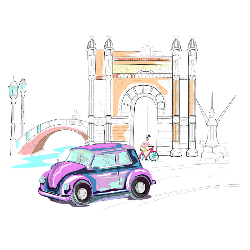 矢量彩色手绘风格的西班牙城市插图