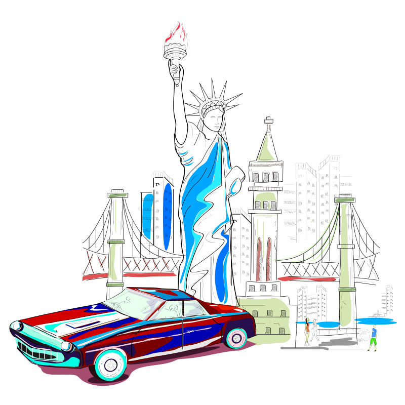 矢量手绘美国城市景观插图