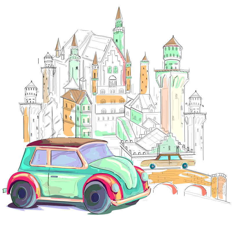 矢量手绘风格的德国城市景观插图