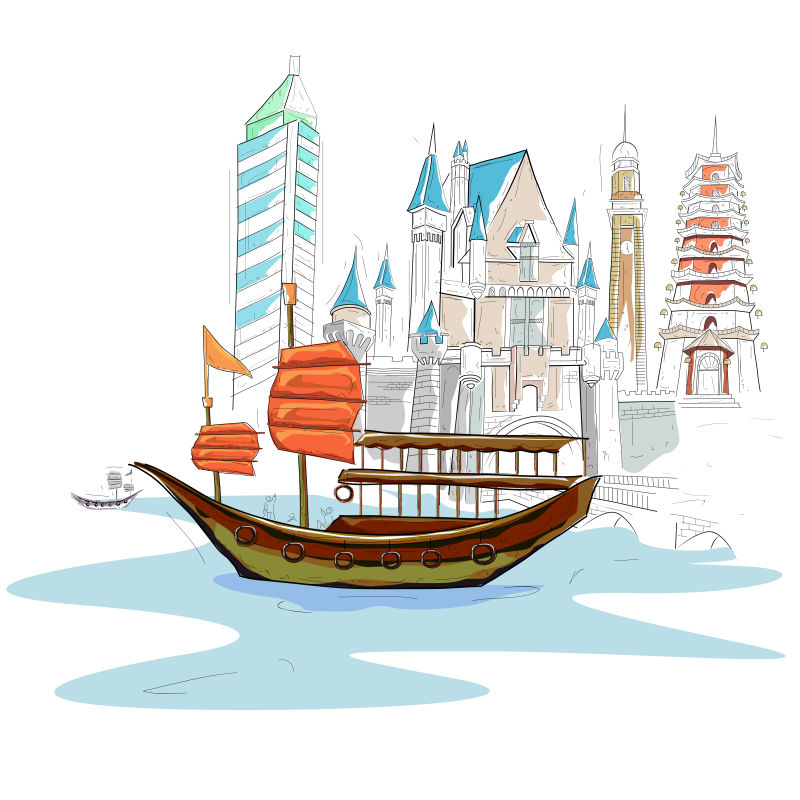 矢量手绘风格的香港城市景观插图