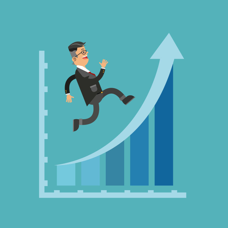 在统计图上奔跑的商人矢量插图