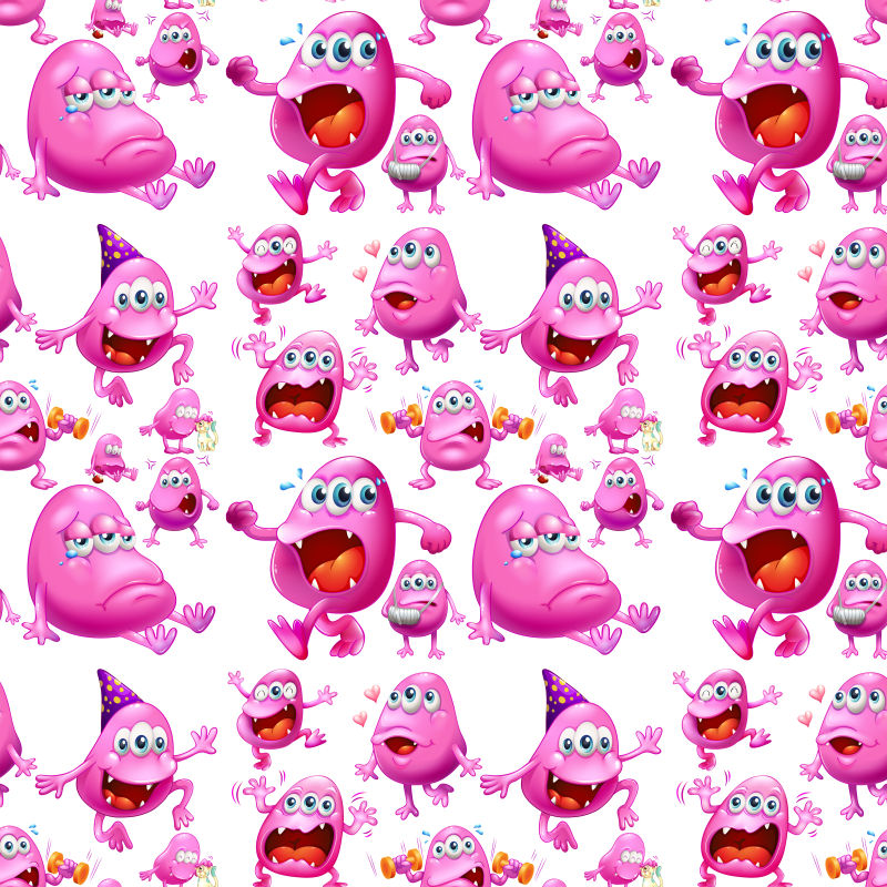 矢量卡通粉色怪物的无缝插图背景