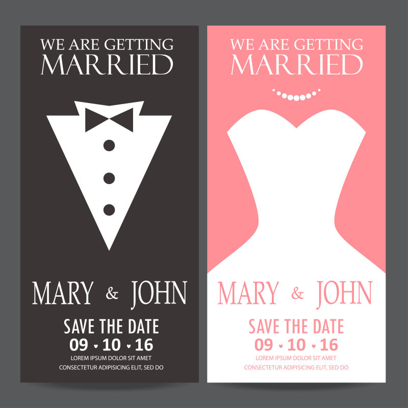 新郎新娘服装元素的矢量婚礼请帖设计