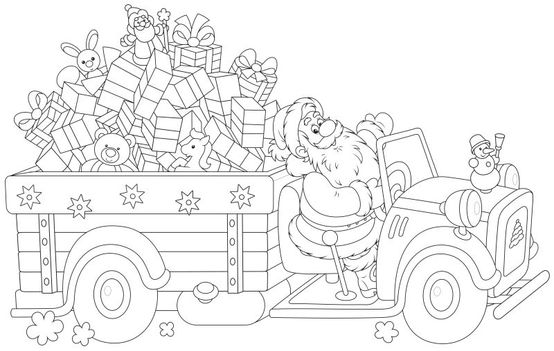 创意矢量圣诞老人去送礼物的填色插图