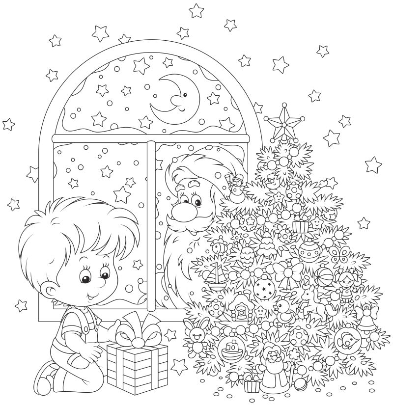 矢量偷看小孩拆礼物的圣诞老人填色插图
