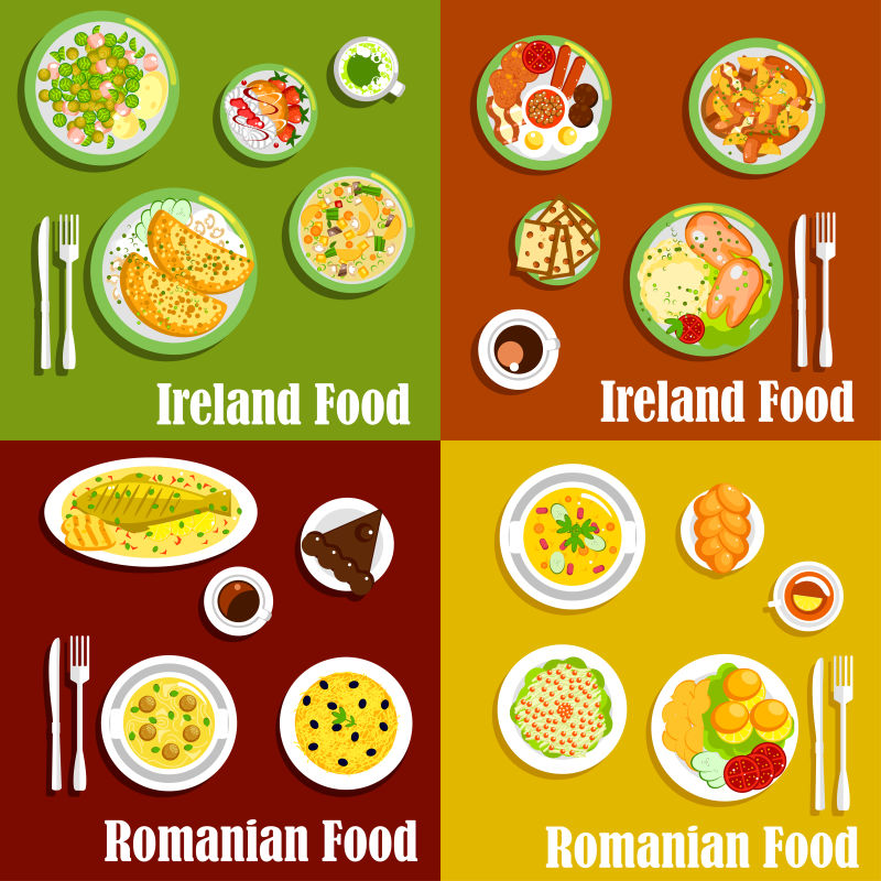 爱尔兰和罗马尼亚的民间美食矢量插图