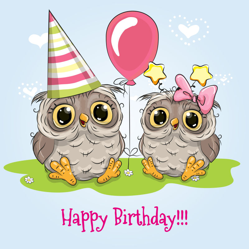 矢量两只可爱的庆祝生日的猫头鹰插图