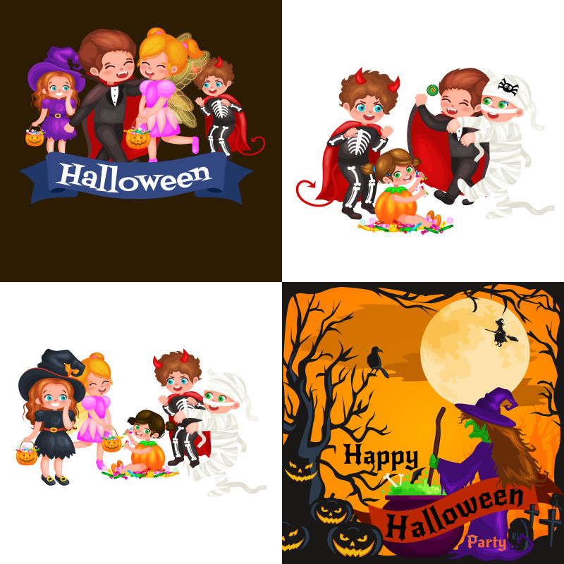 万圣节的可爱小孩子矢量卡通插图