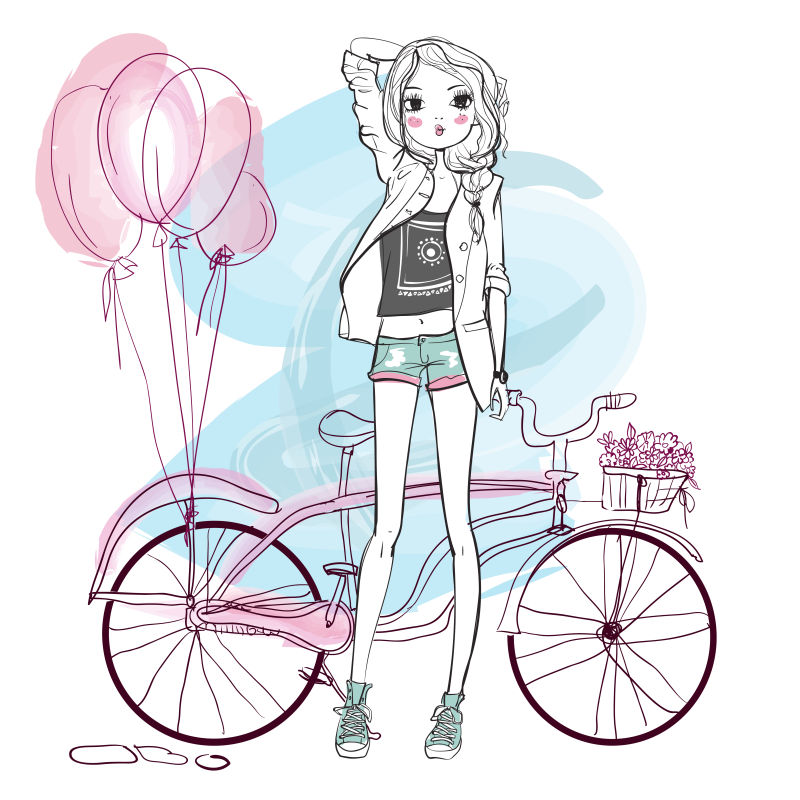 矢量自行车旁的美女