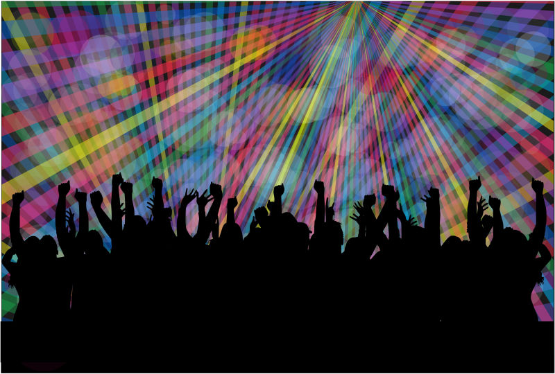 彩色灯光下跳舞的人矢量剪影