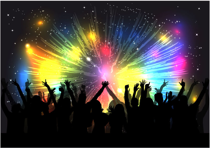 炫彩舞台背景下跳舞的人矢量剪影