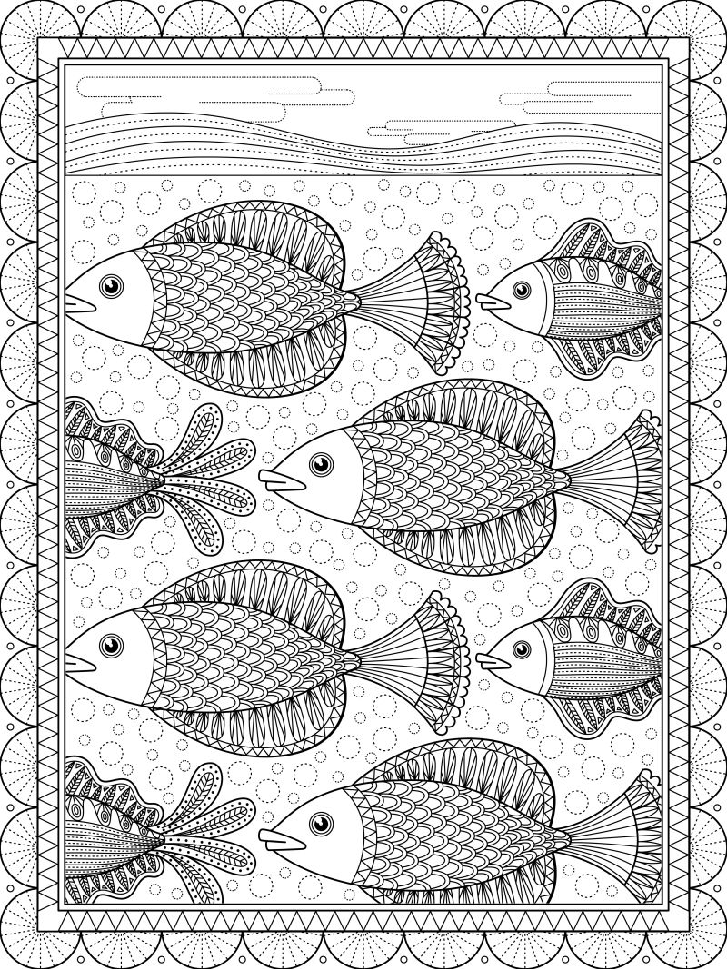抽象矢量鱼类的黑白线条插图设计
