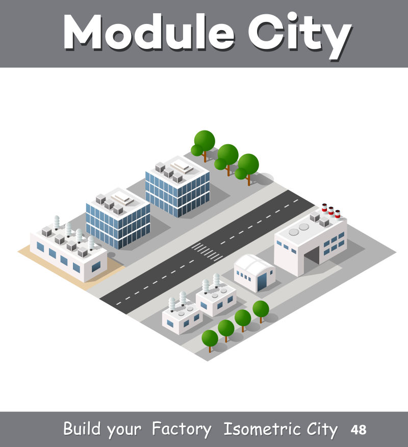 矢量等距的城市矮建筑群设计元素