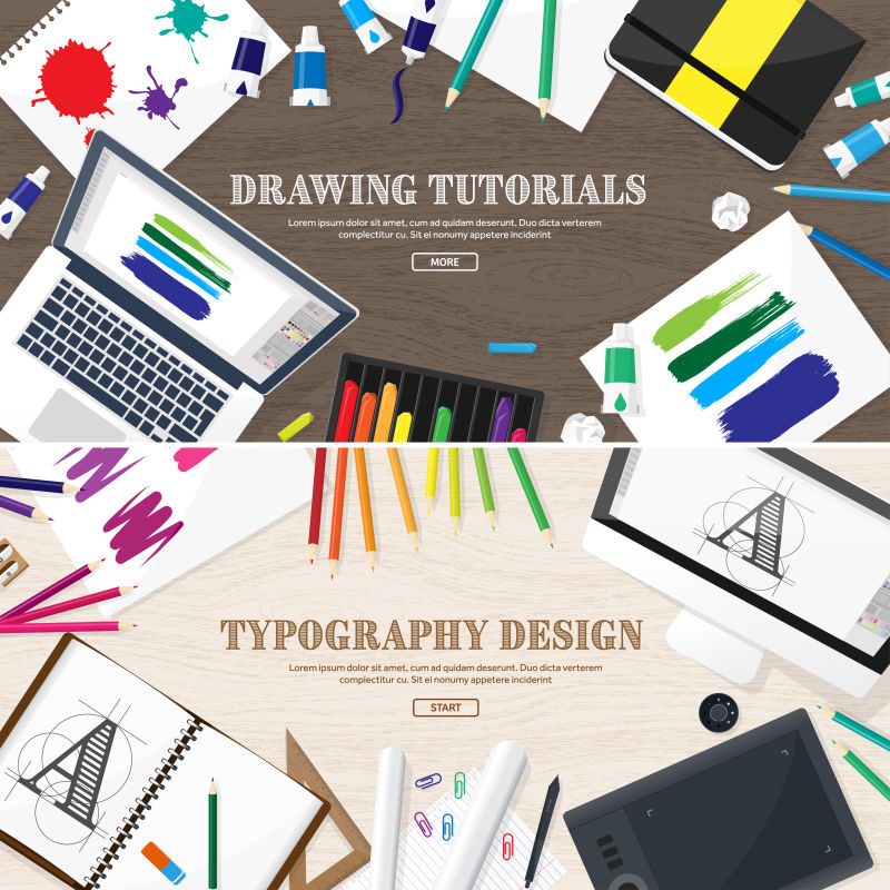 矢量平面风格的画家办公桌面插图