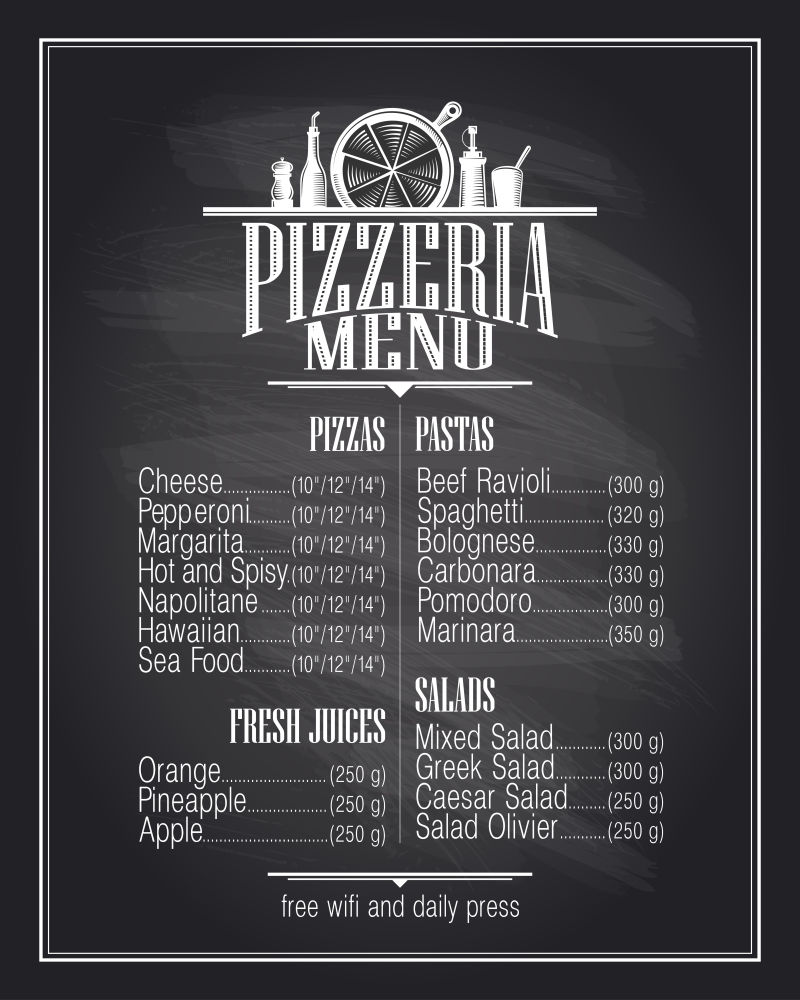 黑板上的披萨餐厅菜单矢量设计