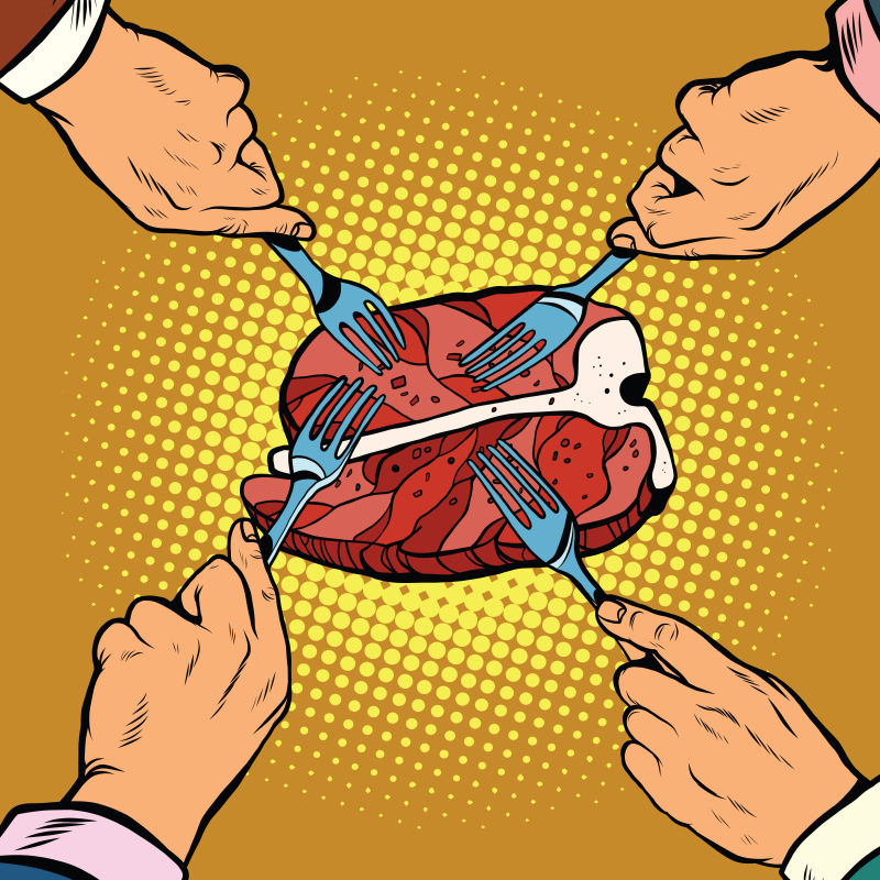 矢量分享牛排概念的漫画插图