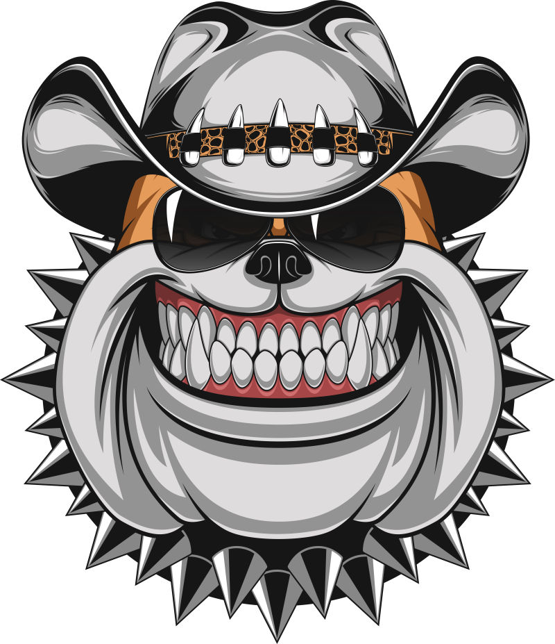 戴着牛仔帽和太阳镜的斗牛犬矢量插图