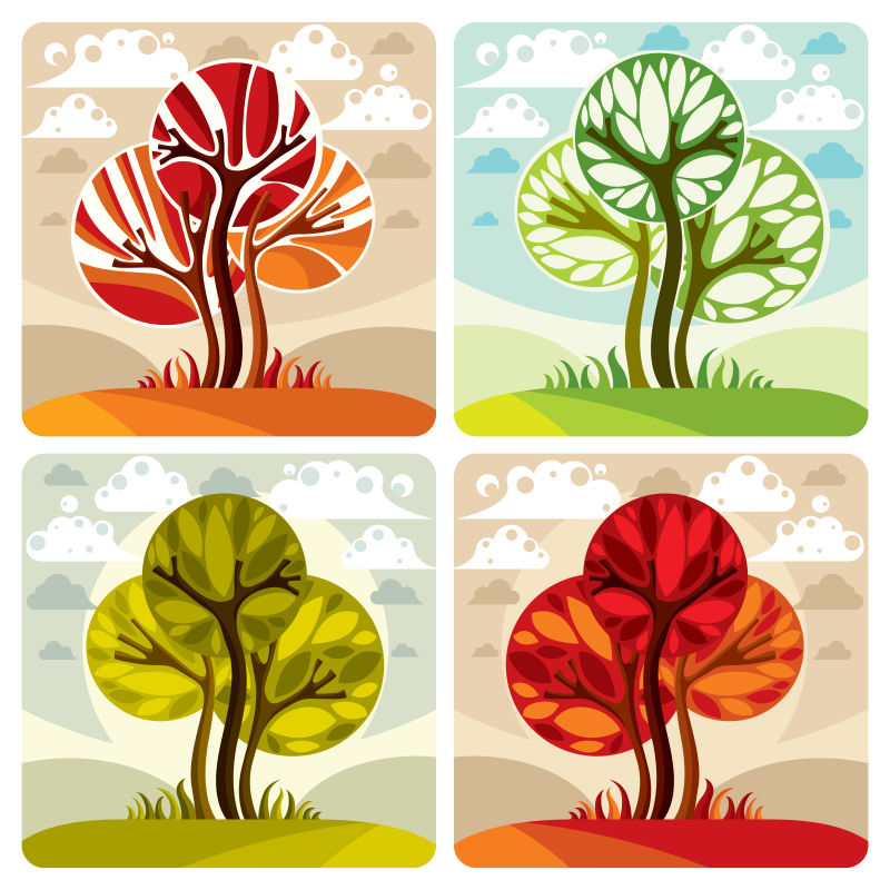 彩色树冠的树木矢量插图