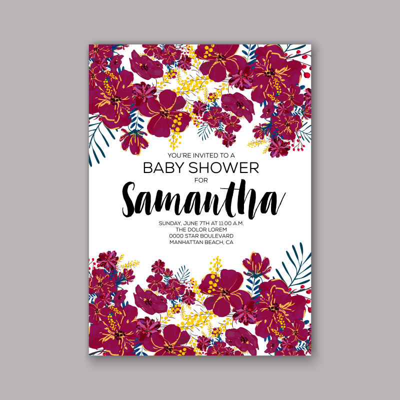 酒红色矢量花卉装饰请帖设计