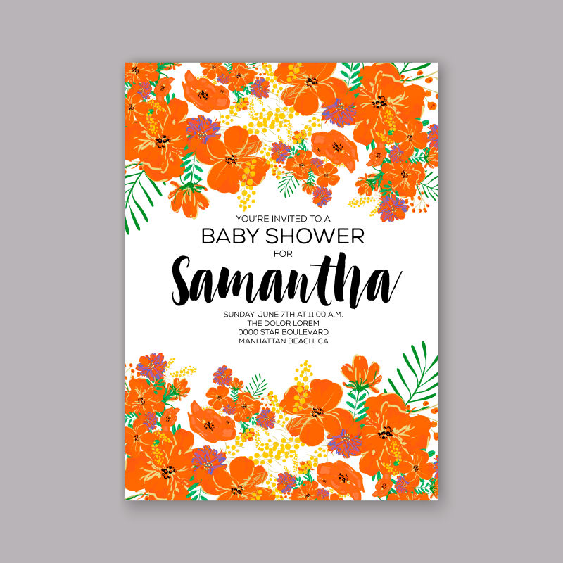 矢量橙色装饰花卉婴儿请帖设计