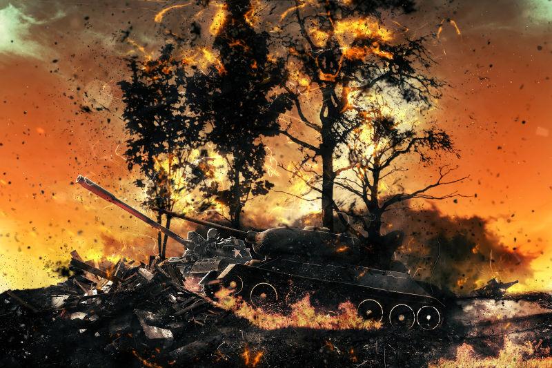 燃烧的森林里的坦克