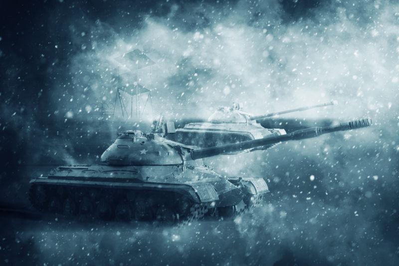 在暴风雪中行动的坦克