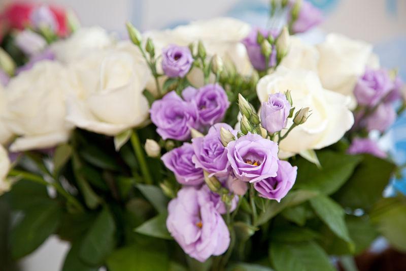 美丽的白玫瑰和紫色的花束