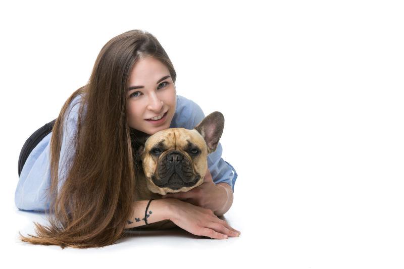美女怀里可爱的斗牛犬